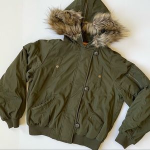Olive Green Faux Fur Bomber Winter Jacket